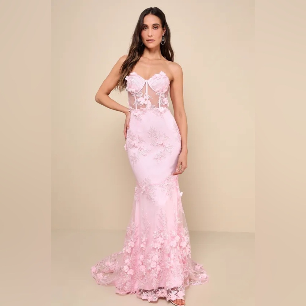Radiant Expectations Pink Embroidered Floral Bustier Maxi Dress